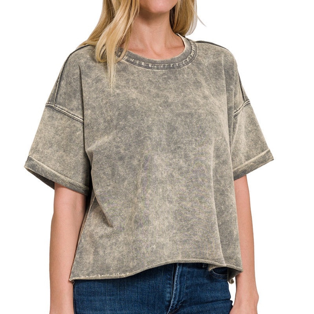 Mocha Grey French Terry Washed Crop Tops